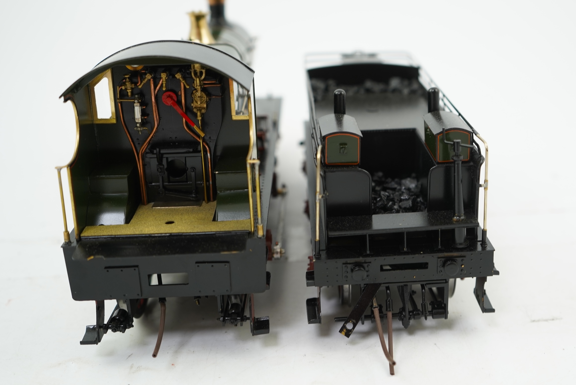 A Gauge One model of GWR Atbara Class, Atbara 3373, 4-4-0 tender locomotive, the model is unpowered, allowing for detailed valve gear and cylinders between the frames.